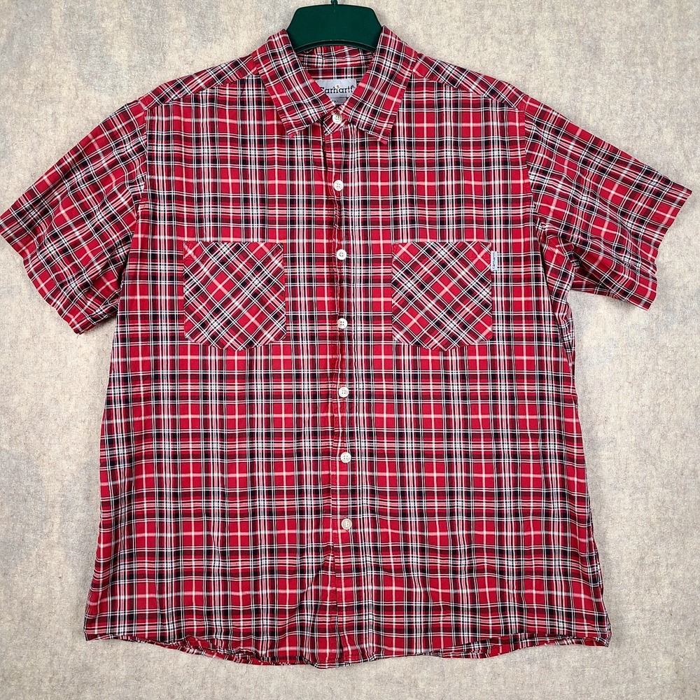 Carhartt Shirt Mens XL Plaid Red Short Sleeve Button Down Loose Fit Workwear